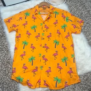 VACAY SPIRIT flamingo print men’s button down shirt